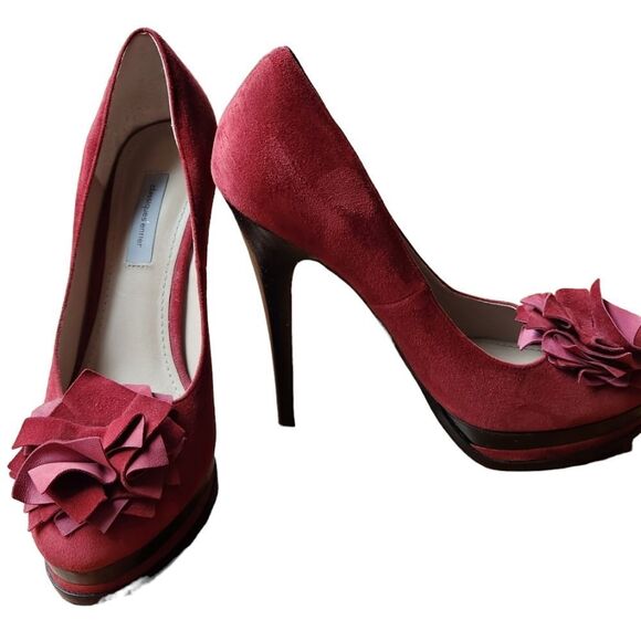 Classiques Entier Heels Platform‎ Stilettos Red Pink Burgundy Suede Flower 7.5 - Picture 2 of 12